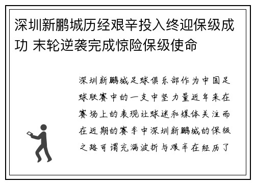 深圳新鹏城历经艰辛投入终迎保级成功 末轮逆袭完成惊险保级使命 深圳新鹏城历经艰辛投入终迎保级成功 末轮逆袭完成惊险保级使命